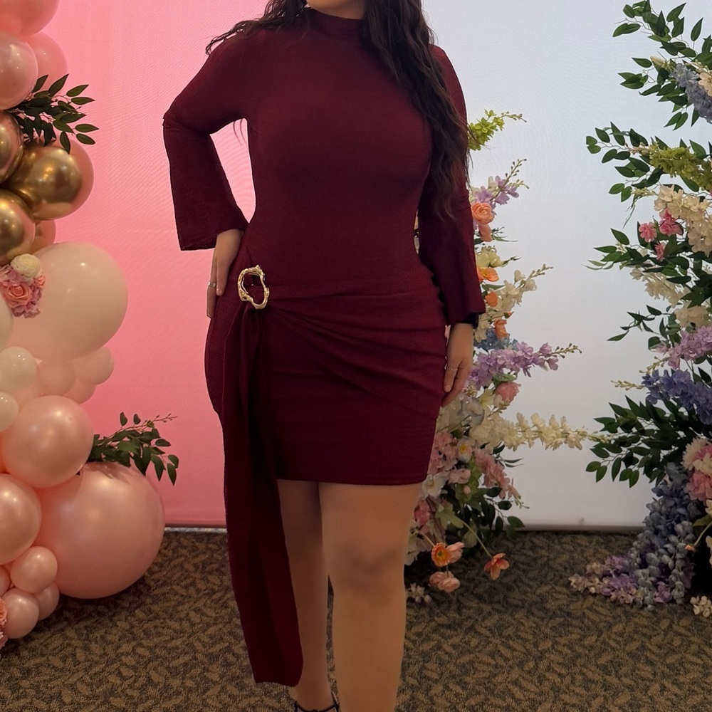 Burgundy Mock Neck Mini Dress with Decorative Buckle Worn Once - Picture 2 of 4
